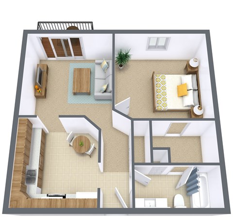 Floor plan for 1 bed, 1 bath, 595 sqft